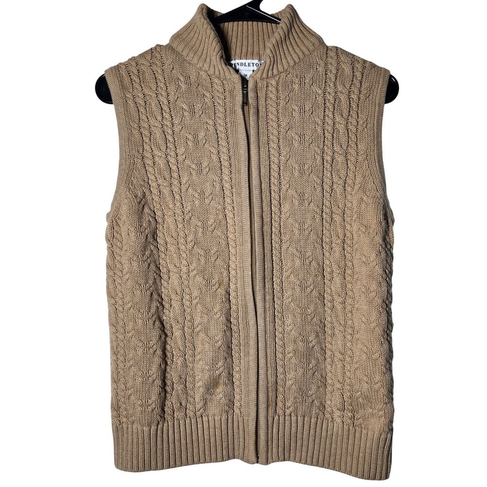Pendleton Womens Tan Cable Knit Zip Sweater Vest Medium Fisherman Preppy Neutral